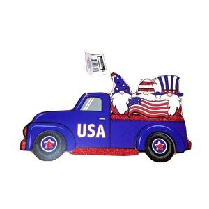 Patriotic Pickup Truck WALL ART BLUE 13" w/Gnomes & Flag cardboard NWT JULY 4TH